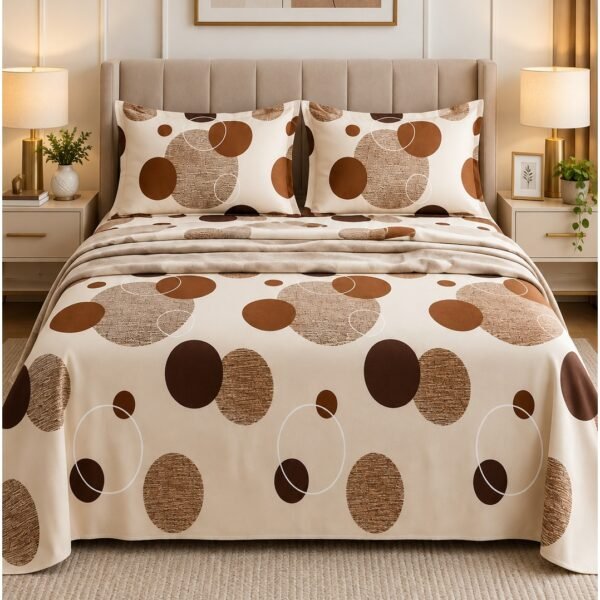 Premium 125 GSM King Flat Bed Sheet Set, Artistic Abstract Circle Pattern, Soft & Durable Fabric, King Size 270x240 CM - 3 Piece Bedding Set