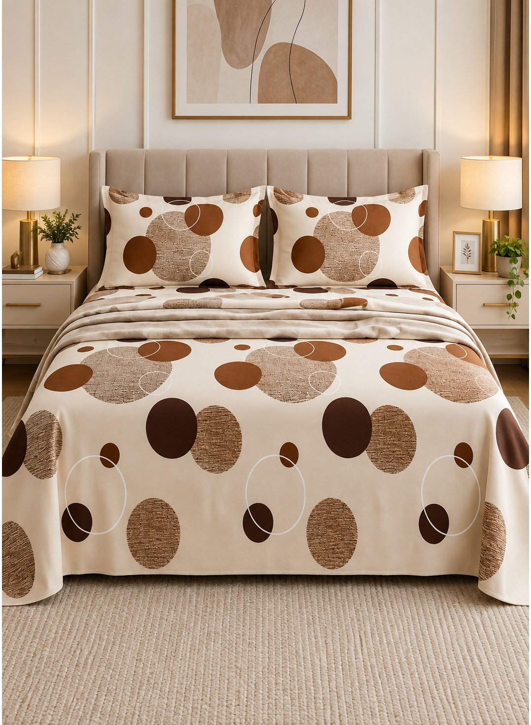 0ab5af31-1889-43d9-964b-ac2cac431d4b.jpeg Premium 125 GSM King Flat Bed Sheet Set, Artistic Abstract Circle Pattern, Soft & Durable Fabric, King Size 270x240 CM - 3 Piece Bedding Set - Image 1