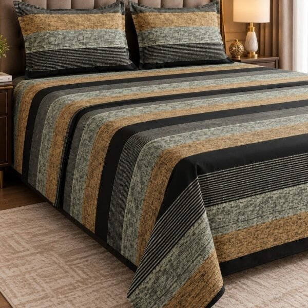 Ever Home Luxury 125 GSM Soft Breathable Flat Bed Sheet Set/Elegant Earthy Striped Pattern in Green, Gold & Black/Includes 2 Matching Pillowcases/King Size 270x240 CM