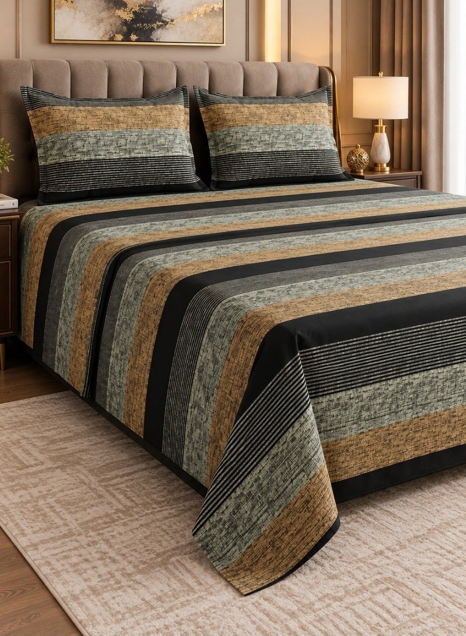 0c04d0aa-8f2d-473b-8046-b28fb57945d7.jpeg Ever Home Luxury 125 GSM Soft Breathable Flat Bed Sheet Set/Elegant Earthy Striped Pattern in Green, Gold & Black/Includes 2 Matching Pillowcases/King Size 270x240 CM - Image 1