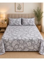 Ever Home Luxury Brushed Microfiber King Flat Sheet Set (270 x 250 CM) – Classic Grey Baroque Vintage Floral Damask Print with 2 Pillow Covers, Silky-Soft & Breathable Bedding