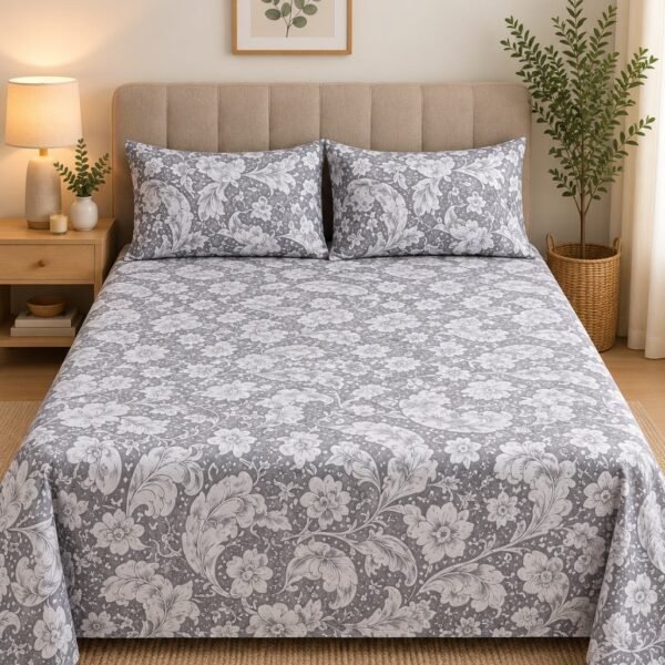 Ever Home Luxury Brushed Microfiber King Flat Sheet Set (270 x 250 CM) – Classic Grey Baroque Vintage Floral Damask Print with 2 Pillow Covers, Silky-Soft & Breathable Bedding