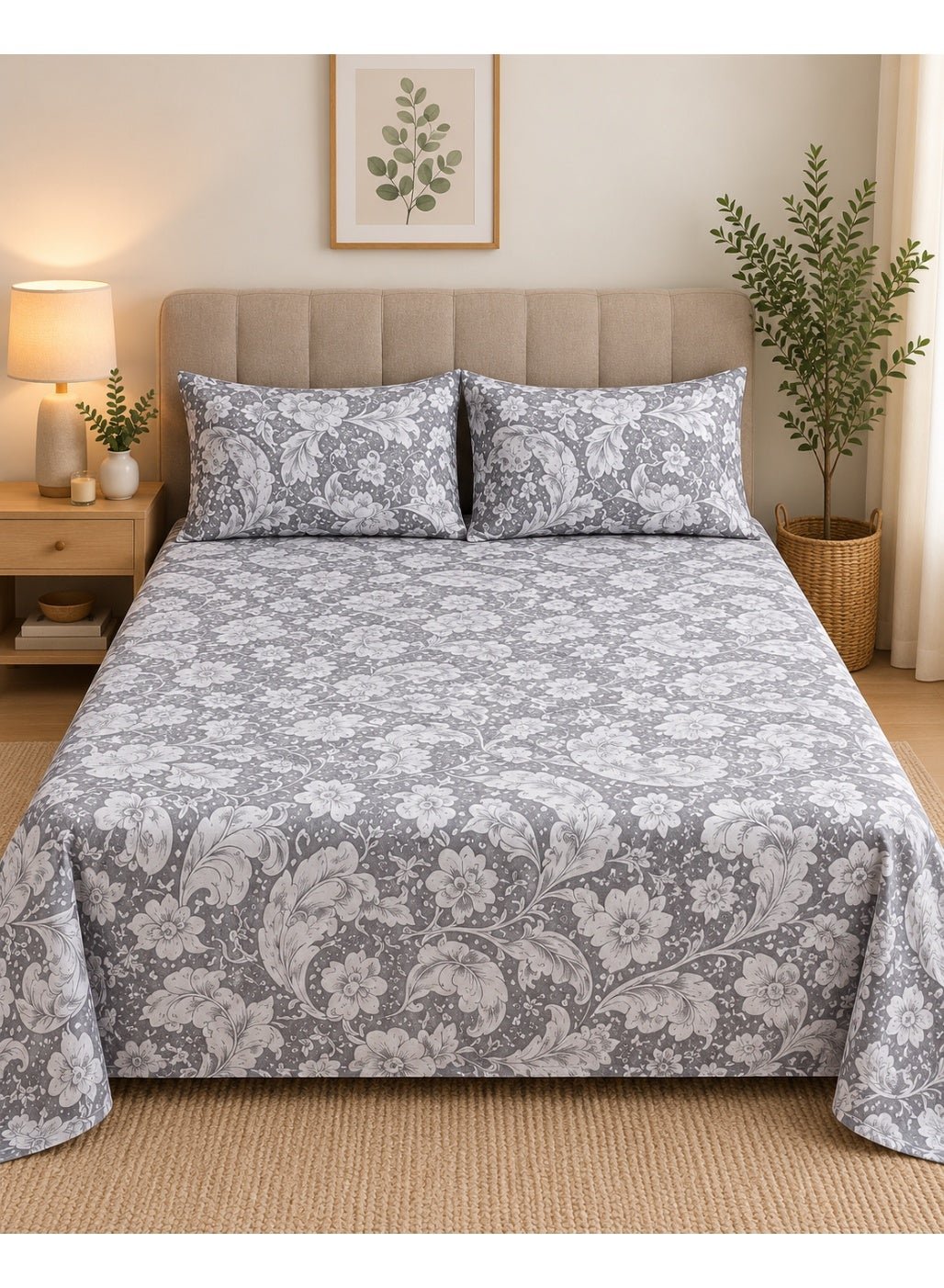 0d063316-c2a8-4b8d-8f44-62a3cc813b37.jpg Ever Home Luxury Brushed Microfiber King Flat Sheet Set (270 x 250 CM) – Classic Grey Baroque Vintage Floral Damask Print with 2 Pillow Covers, Silky-Soft & Breathable Bedding - Image 1