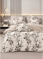 Ever Home 90 GSM Printed Microfiber Flat Bed Sheet Set - King Size (270 x 250 CM) with 1 Flat Sheet and 2 Pillow Covers (50 x 75 CM), Cherry Blossom Branch Pattern, Cream & Black