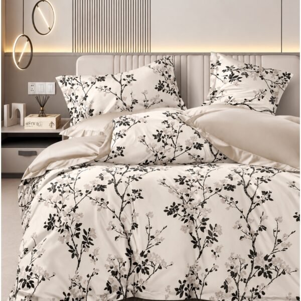 Ever Home 90 GSM Printed Microfiber Flat Bed Sheet Set - King Size (270 x 250 CM) with 1 Flat Sheet and 2 Pillow Covers (50 x 75 CM), Cherry Blossom Branch Pattern, Cream & Black