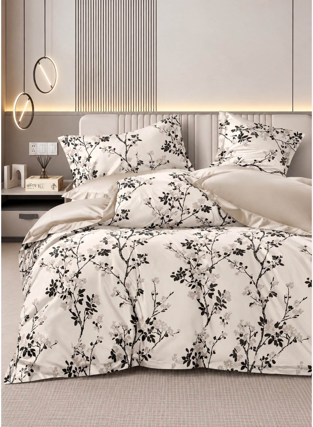 12f7c33a-abaa-4b86-953a-f1fca2d48f8d.jpeg Ever Home 90 GSM Printed Microfiber Flat Bed Sheet Set - King Size (270 x 250 CM) with 1 Flat Sheet and 2 Pillow Covers (50 x 75 CM), Cherry Blossom Branch Pattern, Cream & Black - Image 1