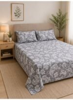 Ever Home Luxury Brushed Microfiber King Flat Sheet Set (270 x 250 CM) – Classic Grey Baroque Vintage Floral Damask Print with 2 Pillow Covers, Silky-Soft & Breathable Bedding - Image 2