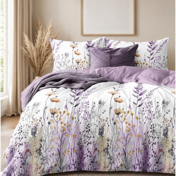 Ever Home 90 GSM Printed Microfiber Flat Bed Sheet Set - King Size (270 x 250 CM) with 1 Flat Sheet and 2 Pillow Covers (50 x 75 CM), Lavender Wildflower Botanical Pattern, White & Purple