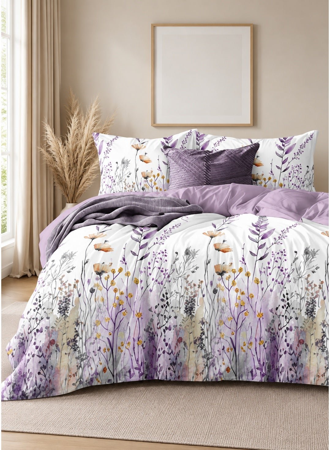 1a38d07d-3359-436b-bba1-25e5a3aef1c2.jpg Ever Home 90 GSM Printed Microfiber Flat Bed Sheet Set - King Size (270 x 250 CM) with 1 Flat Sheet and 2 Pillow Covers (50 x 75 CM), Lavender Wildflower Botanical Pattern, White & Purple - Image 1