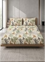 Ever Home 3-Piece Sage & Brown Botanical Flat Sheet Set/Tropical Palm & Leaf Forest Motif / 125 GSM Silk-Touch Breathable Fabric/King Size 270x240 CM with 2 Pillow Cases