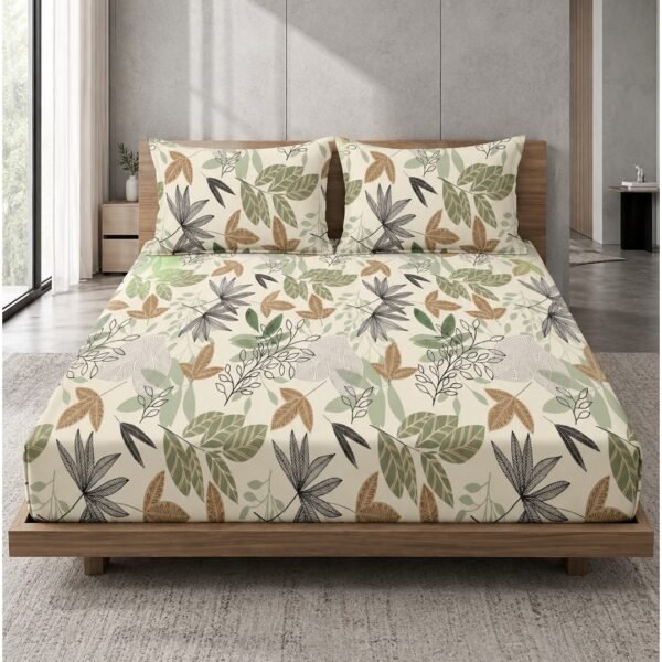 Ever Home 3-Piece Sage & Brown Botanical Flat Sheet Set/Tropical Palm & Leaf Forest Motif / 125 GSM Silk-Touch Breathable Fabric/King Size 270x240 CM with 2 Pillow Cases