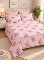 Ever Home Luxury Brushed Microfiber King Flat Sheet Set (270 x 250 CM) – Blush Pink Vintage Rose Floral Print with 2 Pillow Covers, Silky-Soft & Breathable Bedding