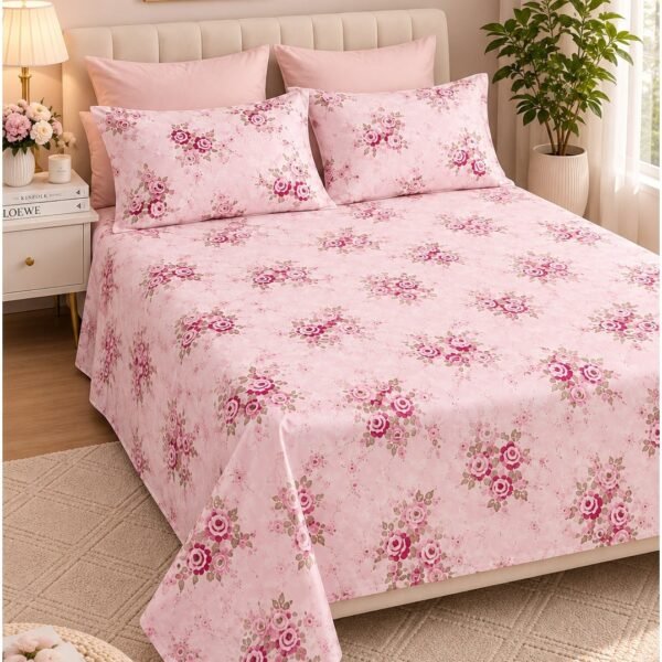 Ever Home Luxury Brushed Microfiber King Flat Sheet Set (270 x 250 CM) – Blush Pink Vintage Rose Floral Print with 2 Pillow Covers, Silky-Soft & Breathable Bedding