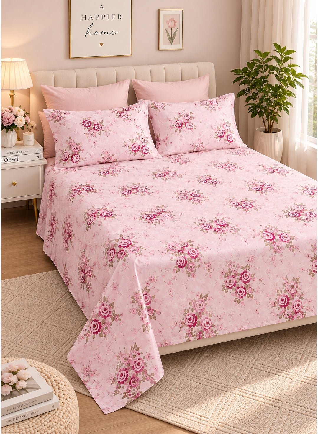 1c083437-e018-4315-a6f1-b646de4d49bb.jpg Ever Home Luxury Brushed Microfiber King Flat Sheet Set (270 x 250 CM) – Blush Pink Vintage Rose Floral Print with 2 Pillow Covers, Silky-Soft & Breathable Bedding - Image 1