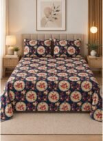 Ever Home 3-Piece Navy Blue Royal Medallion Flat Sheet Package/Ornate Gold & Red Mandala Floral Print / 125 GSM Silk-Touch Breathable Textile/King Size 270x240 CM with 2 Pillow Cases