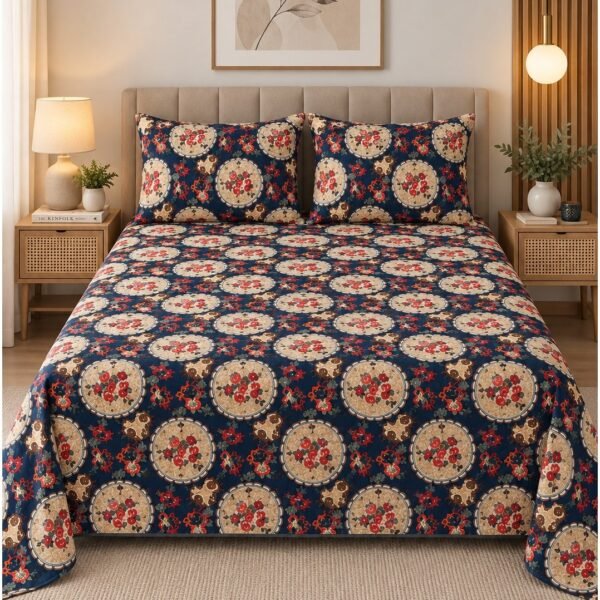 Ever Home 3-Piece Navy Blue Royal Medallion Flat Sheet Package/Ornate Gold & Red Mandala Floral Print / 125 GSM Silk-Touch Breathable Textile/King Size 270x240 CM with 2 Pillow Cases