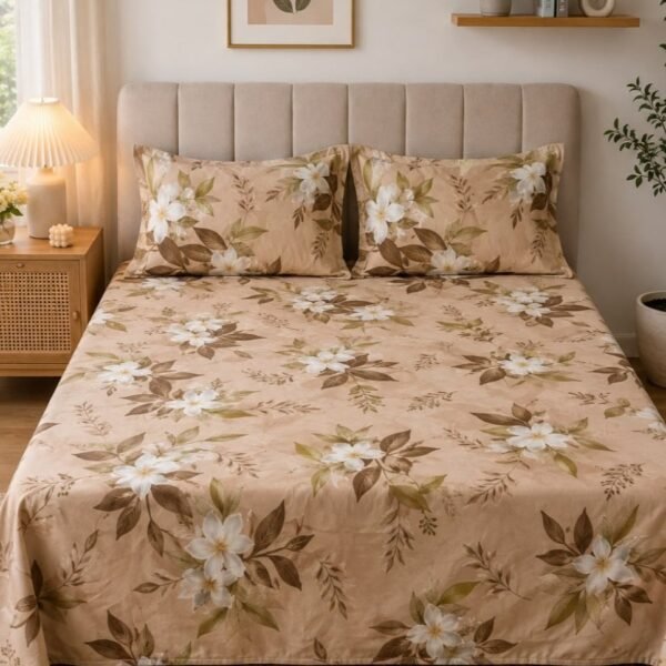 Ever Home Luxury Brushed Microfiber King Flat Sheet Set (270 x 250 CM) – Warm Beige Tropical White Blossom Botanical Print with 2 Pillow Covers, Silky-Soft & Breathable Bedding