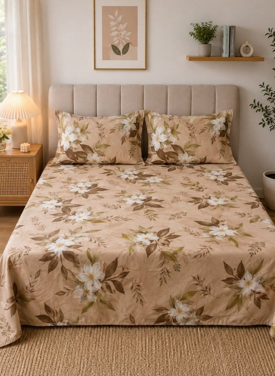 1ecd5fce-03d0-479f-ae28-e58cabd73836.jpeg Ever Home Luxury Brushed Microfiber King Flat Sheet Set (270 x 250 CM) – Warm Beige Tropical White Blossom Botanical Print with 2 Pillow Covers, Silky-Soft & Breathable Bedding - Image 1
