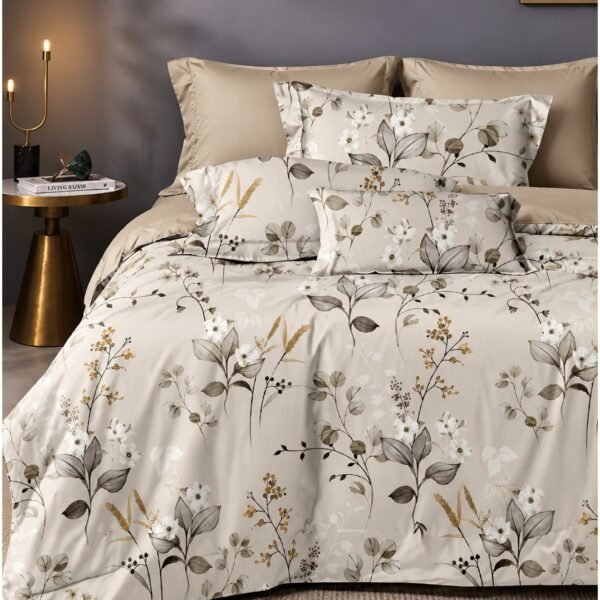 Ever Home 90 GSM Printed Microfiber Flat Bed Sheet Set - King Size (270 x 250 CM) with 1 Flat Sheet and 2 Pillow Covers (50 x 75 CM), Botanical Floral Pattern, Beige