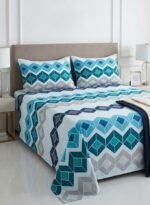 Ever Home Modern Geometric 3D Cube Pattern Blue & Teal King Flat Bed Sheet Set, Luxury 125 GSM Soft Breathable Fabric, Designer Bedding with 2 Pillowcases, 270x240 CM