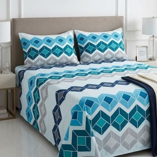 Ever Home Modern Geometric 3D Cube Pattern Blue & Teal King Flat Bed Sheet Set, Luxury 125 GSM Soft Breathable Fabric, Designer Bedding with 2 Pillowcases, 270x240 CM