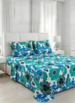 Ever Home Premium 125 GSM Ultra-Soft Flat Bed Sheet Set/Vibrant Turquoise Blue & Royal Blue Floral Botanical Print/Complete 3-Piece Bedding with 2 Pillow shams/King 270x240 CM