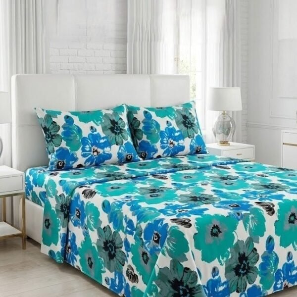 Ever Home Premium 125 GSM Ultra-Soft Flat Bed Sheet Set/Vibrant Turquoise Blue & Royal Blue Floral Botanical Print/Complete 3-Piece Bedding with 2 Pillow shams/King 270x240 CM