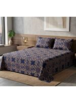Ever Home 3-Piece Navy Blue Traditional Ethnic Flat Sheet Bundle/Gold Geometric & Floral Damask Motifs / 125 GSM Lightweight Breathable Textile/King Size 270x240 CM with 2 Pillow Cases - Image 2