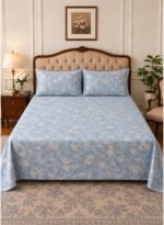 3-Piece King Size Bed Sheet Set - 150 GSM Premium Microfiber Bedding with Elegant White Floral Print on Sky Blue, Includes 1 Flat Sheet (270x250 CM) & 2 Matching Pillowcases (50x75 CM)