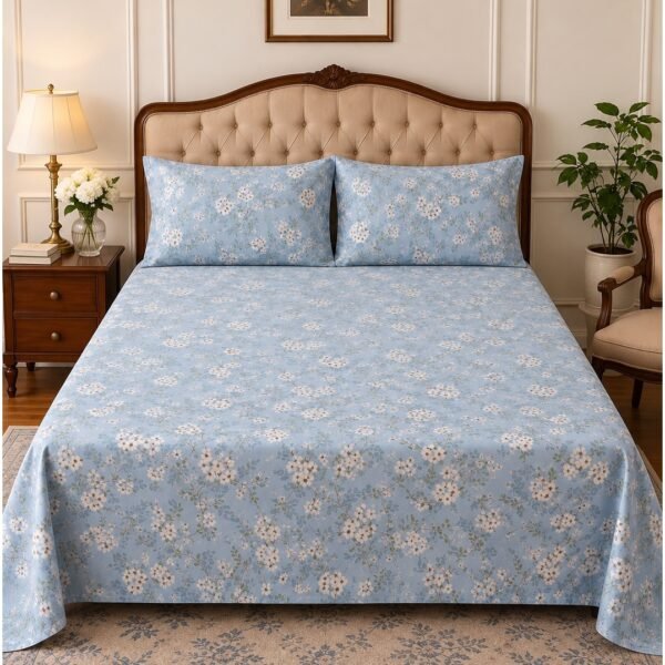 3-Piece King Size Bed Sheet Set - 150 GSM Premium Microfiber Bedding with Elegant White Floral Print on Sky Blue, Includes 1 Flat Sheet (270x250 CM) & 2 Matching Pillowcases (50x75 CM)