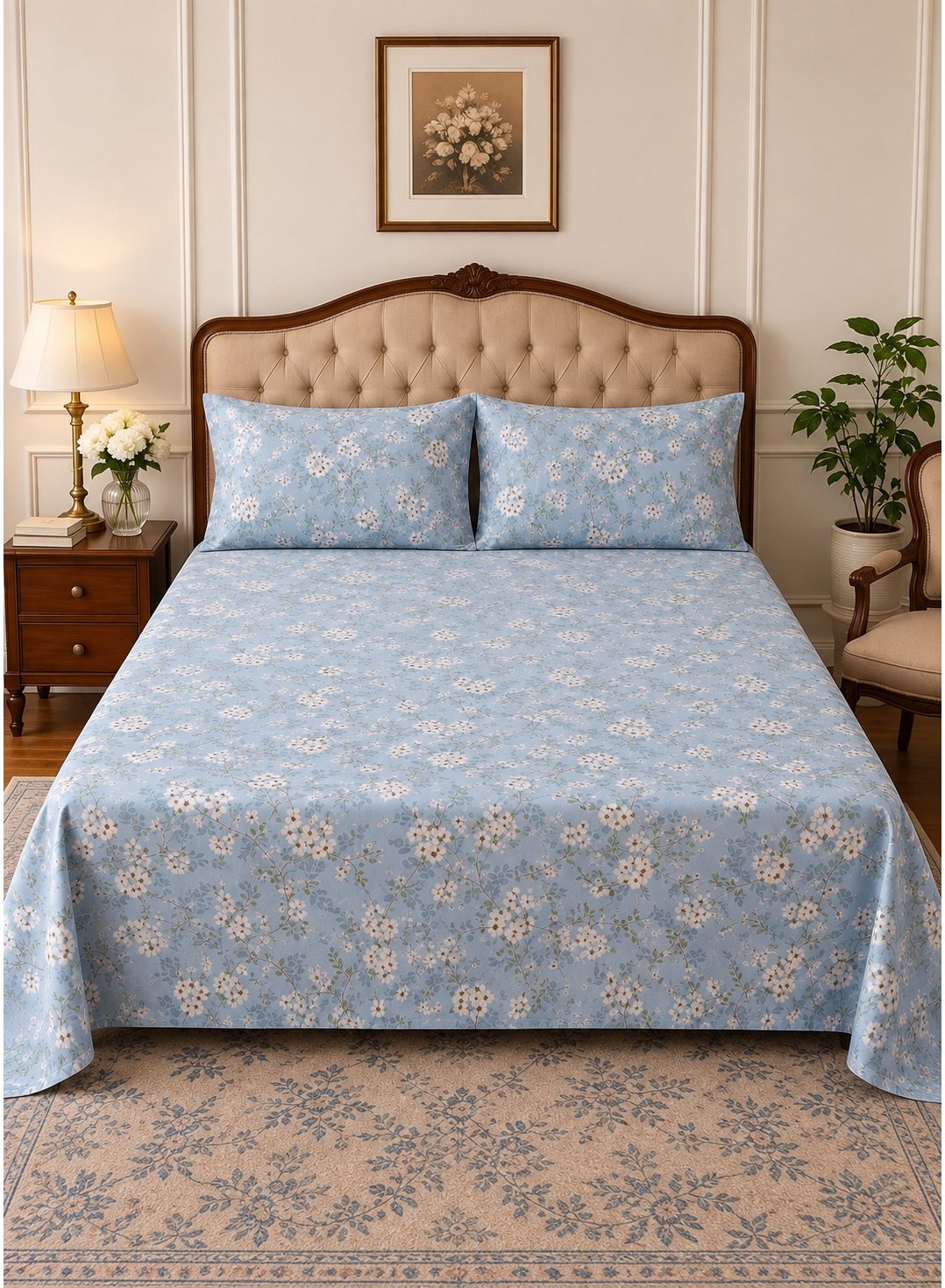 27eb3914-e396-4f18-8399-9fea8633c3f5.jpeg 3-Piece King Size Bed Sheet Set - 150 GSM Premium Microfiber Bedding with Elegant White Floral Print on Sky Blue, Includes 1 Flat Sheet (270x250 CM) & 2 Matching Pillowcases (50x75 CM) - Image 1