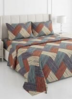 Ever Home Luxury 125 GSM Soft Breathable Flat Bed Sheet Set/Geometric Striped Patchwork Pattern in Rust, Grey & Beige/Includes 2 Matching Pillowcases/King Size 270x240 CM