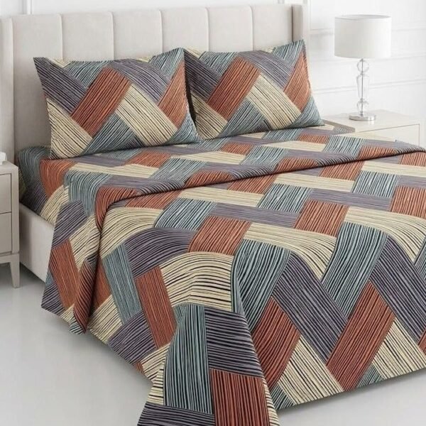 Ever Home Luxury 125 GSM Soft Breathable Flat Bed Sheet Set/Geometric Striped Patchwork Pattern in Rust, Grey & Beige/Includes 2 Matching Pillowcases/King Size 270x240 CM