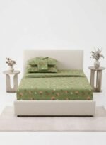 3-Piece Premium Quality 150 GSM Microfiber King Size Flat Bed Sheet Set - Soothing Sage Green with Peach Floral Print, Includes 1 Flat Sheet (270x250 CM) & 2 Pillowcases (50x75 CM)