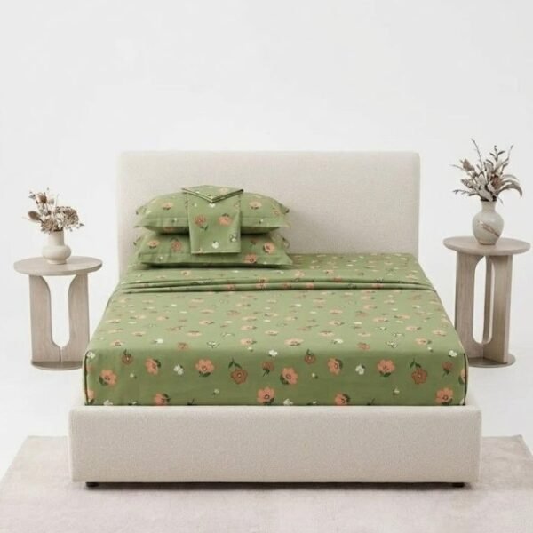 3-Piece Premium Quality 150 GSM Microfiber King Size Flat Bed Sheet Set - Soothing Sage Green with Peach Floral Print, Includes 1 Flat Sheet (270x250 CM) & 2 Pillowcases (50x75 CM)