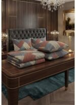 Ever Home Luxury 125 GSM Soft Breathable Flat Bed Sheet Set/Geometric Striped Patchwork Pattern in Rust, Grey & Beige/Includes 2 Matching Pillowcases/King Size 270x240 CM - Image 3