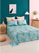 3-Piece King Size Bed Sheet Set - 150 GSM Premium Microfiber Bedding with Vibrant Floral & Botanical Print on Teal Blue, Includes 1 Flat Sheet (270x250 CM) & 2 Matching Pillowcases (50x75 CM)