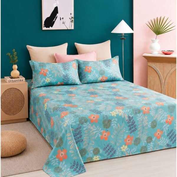 3-Piece King Size Bed Sheet Set - 150 GSM Premium Microfiber Bedding with Vibrant Floral & Botanical Print on Teal Blue, Includes 1 Flat Sheet (270x250 CM) & 2 Matching Pillowcases (50x75 CM)