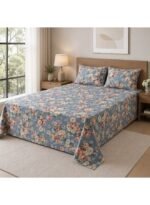 Ever Home 3-Piece Dusty Blue Vintage Rose Flat Sheet Set/Romantic English Country Garden Pink & Cream Floral Print / 125 GSM Silk-Touch Breathable Fabric/King Size 270x240 CM with 2 Pillow Cases - Image 2