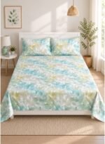 Ever Home Luxury Brushed Microfiber King Flat Sheet Set (270 x 250 CM) – Ethereal Teal & Gold Abstract Marbled Print with 2 Pillow Covers, Silky-Soft & Breathable Bedding