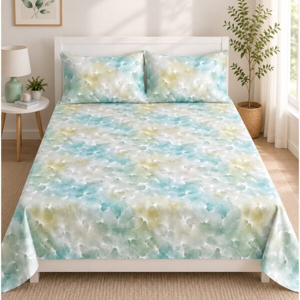 Ever Home Luxury Brushed Microfiber King Flat Sheet Set (270 x 250 CM) – Ethereal Teal & Gold Abstract Marbled Print with 2 Pillow Covers, Silky-Soft & Breathable Bedding