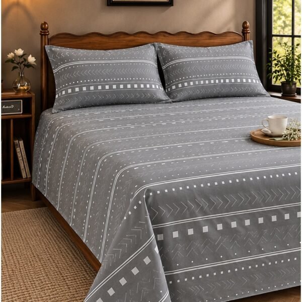 Ever Home Luxury Brushed Microfiber King Flat Sheet Set (270 x 250 CM) – Classic Grey Tribal Mudcloth Aztec Print with 2 Pillow Covers, Silky-Soft & Breathable Bedding