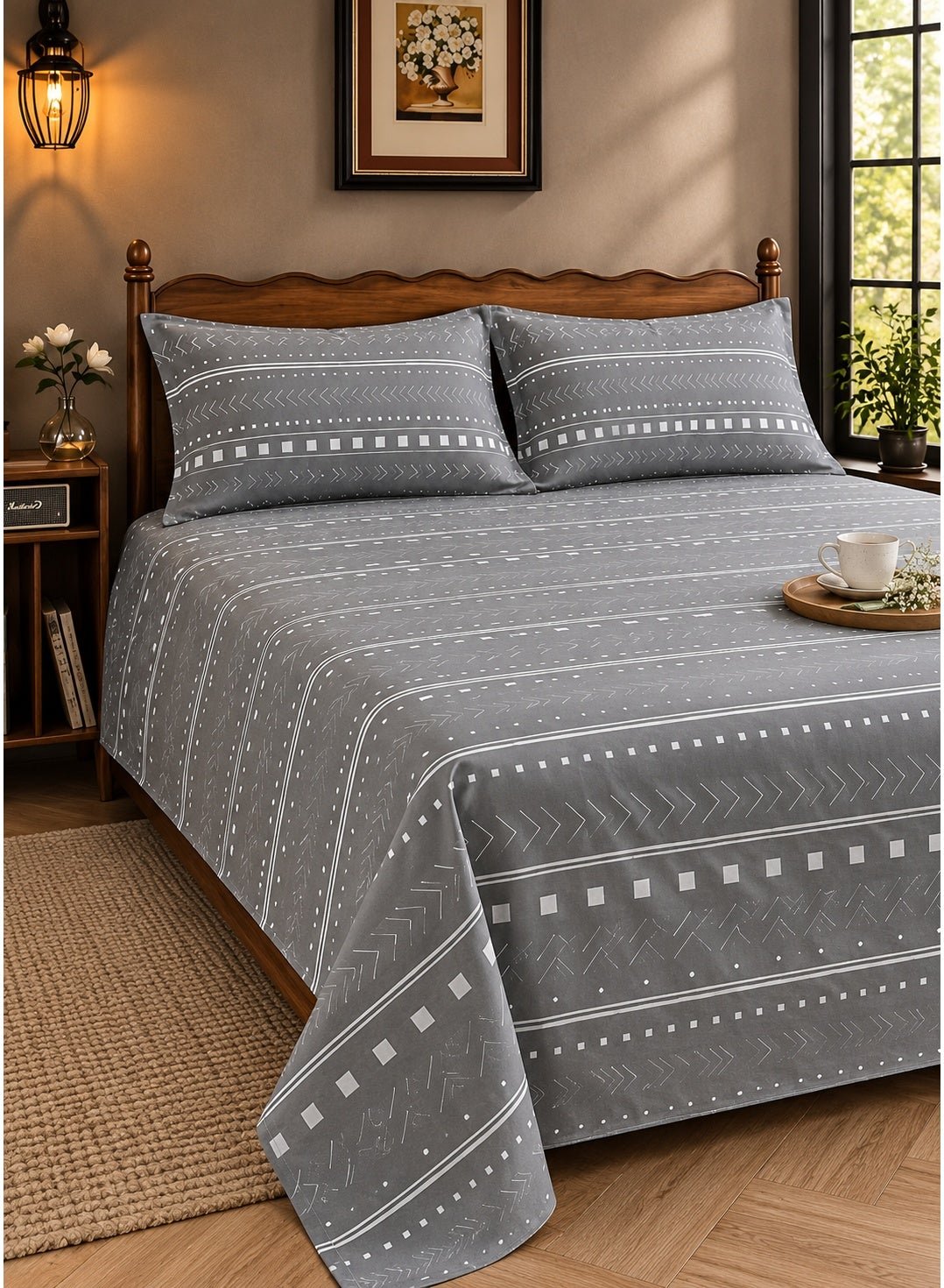3276f31a-8742-4997-be83-29b0fa750968.jpg Ever Home Luxury Brushed Microfiber King Flat Sheet Set (270 x 250 CM) – Classic Grey Tribal Mudcloth Aztec Print with 2 Pillow Covers, Silky-Soft & Breathable Bedding - Image 1