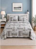 Ever Home Luxury Brushed Microfiber King Flat Sheet Set (270 x 250 CM) – Grey Brown Patchwork Abstract Print with 2 Pillow Covers, Silky-Soft & Breathable Bedding
