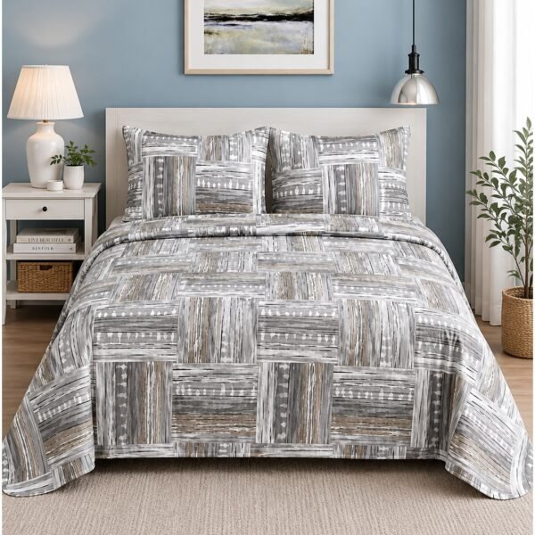 Ever Home Luxury Brushed Microfiber King Flat Sheet Set (270 x 250 CM) – Grey Brown Patchwork Abstract Print with 2 Pillow Covers, Silky-Soft & Breathable Bedding