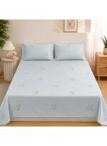 3-Piece King Size Bed Sheet Set - 150 GSM Premium Microfiber Bedding with Minimalist Botanical Floral Print on Light Blue, Includes 1 Flat Sheet (270x250 CM) & 2 Matching Pillowcases (50x75 CM) - Image 2