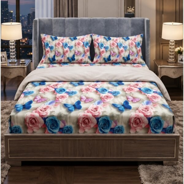 Ever Home Premium 125 GSM Ultra-Soft Flat Bed Sheet Set/Elegant Pink Roses & Blue Butterflies Floral Print/Complete 3-Piece Bedding with 2 Pillow shams/King 270x240 CM