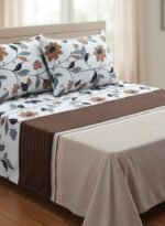 Ever Home Luxury Brushed Microfiber King Flat Sheet Set (270 x 250 CM) – White Rust Orange & Charcoal Floral Botanical Print with 2 Pillow Covers, Silky-Soft & Breathable Bedding