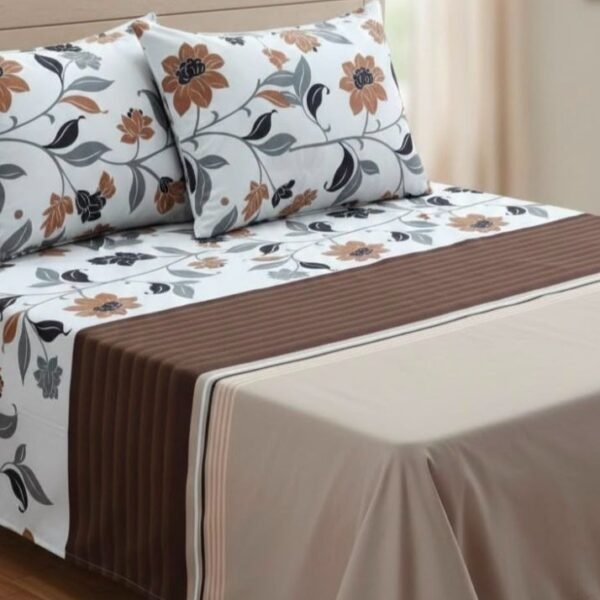Ever Home Luxury Brushed Microfiber King Flat Sheet Set (270 x 250 CM) – White Rust Orange & Charcoal Floral Botanical Print with 2 Pillow Covers, Silky-Soft & Breathable Bedding