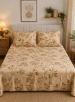 Ever Home Luxury Brushed Microfiber King Flat Sheet Set (270 x 250 CM) – Warm Sand & Caramel Wildflower Botanical Print with 2 Pillow Covers, Silky-Soft & Breathable Bedding
